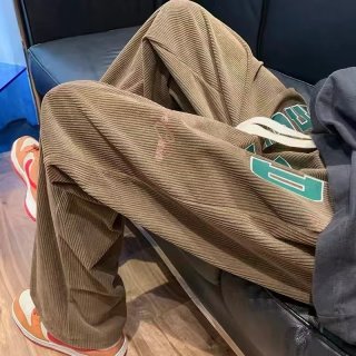 新款复古灯芯绒休闲裤男女春秋直筒宽松阔腿长裤抽绳高街风裤子