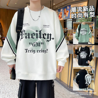 男士圆领卫衣2024秋季新款港风时尚潮流宽松百搭青少年学生打底衫