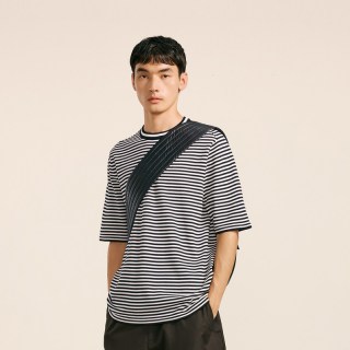 速写 男装秋冬新款休闲宽松短袖条纹设计毛衫T恤绵羊毛舒适潮上衣