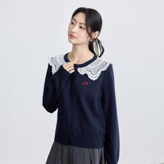 茵曼 学院风蕾丝拼接针织开衫女春秋款复古减龄宽松百搭毛衣外套
