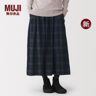 無印良品 MUJI 女式 法兰绒 抽褶裙 半身裙裙子女装 26年秋季新品  BE231C6A 深绿色格纹 M (160/66A)