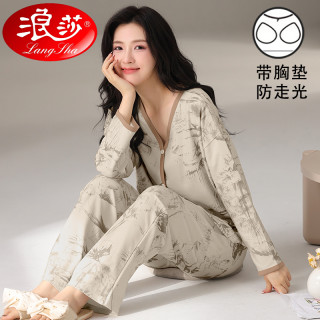 浪莎 带胸垫一体睡衣棉秋冬简约款女秋长袖棉开衫和服家居服套装