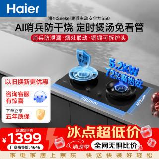 海尔 Seeker系列S50燃气灶天然气台嵌两用 哨兵防干烧 70%高热效 烟灶联动灶 S70AU9 天然气12T