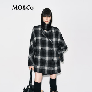 MO&Co. 毛呢外套含绵羊毛绒面花呢大衣可拆领袢摩安珂 黑白格色 M /165