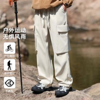 班尼路 美式潮流宽松直筒伞兵裤男春秋阔腿机能风工装男裤户外登山休闲裤 卡其 2XL