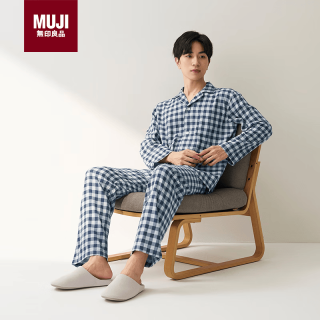無印良品 MUJI 男士无侧缝双层纱织睡衣软棉棉内衣藏青色格纹 L