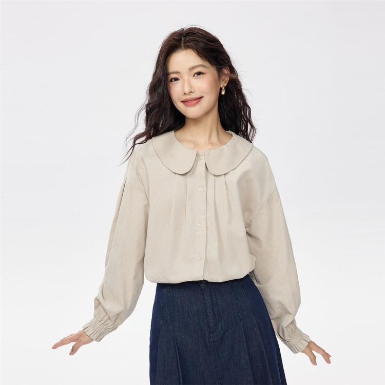 佐丹奴 秋冬保暖纯棉灯芯绒女式衬衫甜美娃娃领梭织宽松休闲长袖衬衫女士