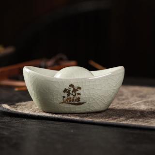 米黄汝窑元宝茶宠家用精致盖置摆件办公可养创意功夫茶具茶玩配件