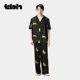野兽派家居 都市野兽黑豹星光缎家居服长款套装黑豹星光缎家居服
