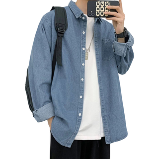 罗蒙 牛仔衬衫男长袖宽松水洗工装衬衣