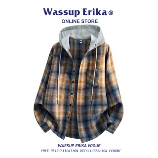 WASSUP ERIKA美式复古风潮流格纹连帽衬衫男士2026秋季新款宽松百搭假两件外套 灰蓝 M 90-120斤可穿