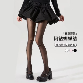 FOURDATRY 甜妹纯欲珍珠小蝴蝶结白色丝袜少女可爱夏薄款袜子洛丽塔JK黑丝袜