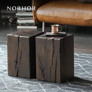 慵懒时光：NORHOR 正版英国Square roots/原装进口北欧MOKU橡木木墩茶几方凳 烟熏色 现货