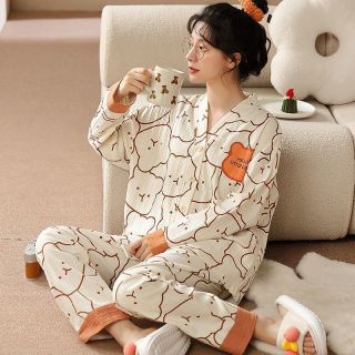 睡衣女春秋纯棉长裤长袖开衫和服套装宽松加大码胖MM可外穿家居服