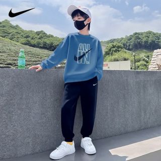 百亿补贴：耐克 童装卫衣套装2026秋季蓝色运动长裤男女中大童纯棉两件套
