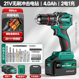 绿林 21V无刷冲击手电钻家用锂电钻多功能打墙打孔大功率55N.m两电4Ah