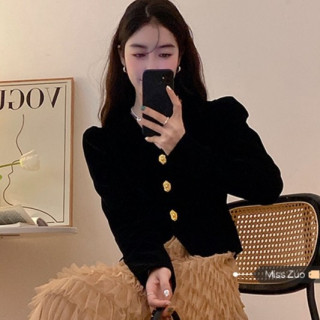 法式衬衫女早秋高级设计感小众金丝绒上衣长袖V领泡泡袖衬衣短款