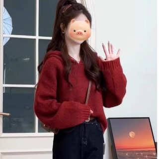 2025春秋穿搭红色连帽套头毛衣女秋冬季小香风气质软糯针织衫上衣