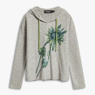 Desigual 26秋冬新品灰色手绘雏菊印花连帽女式针织衫