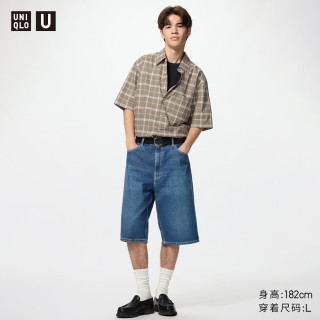 优衣库 箱型格子衬衫短袖/男装女装合作款/衬衣482498 36 褐色 3XL