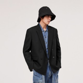 速写 男装春秋新款双排扣西服宽松休闲潮流时尚纯色外套廓形西装