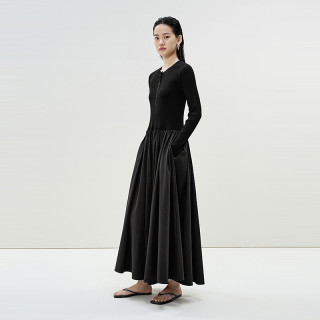 LESS 春季针织拼接连衣裙女赫本风黑色圆领长款显瘦裙子2P3G12850