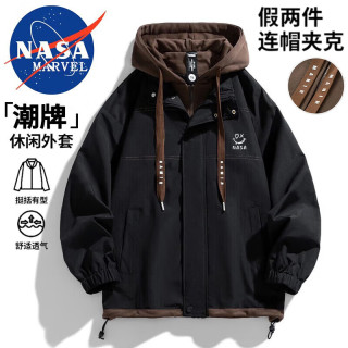 NASA MARVEL 夹克男春秋季连帽假两件透气时尚防风宽松情侣装 黑色 3XL