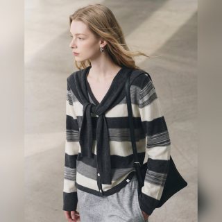 b+ab it b+ab 2026秋季新款条纹毛针织衫女v领学院风长袖开衫上衣外穿