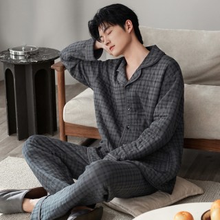 邦朵 男士轻暖舒适纯棉夹层家居服套装 黑色