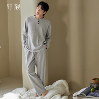 88VIP：轩靓 男士睡衣春秋华夫格纯棉长袖四季亨利领可外穿家居服秋冬套装