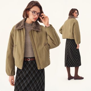 自巧 小个子复古羊羔毛领拉链加厚短款做旧牛仔外套女2026冬季新款 卡其色 M （尺码：4）