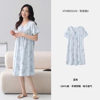 三枪 2026春夏睡裙女宽松短袖V领柔软全棉薄款透气甜美印花家居裙