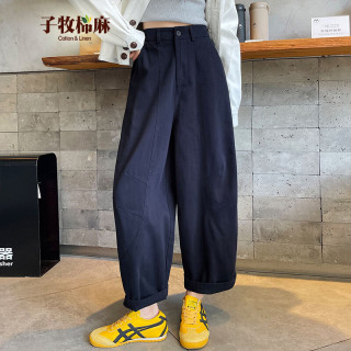 子牧棉麻 2026秋装女式九分弯刀裤 藏青色