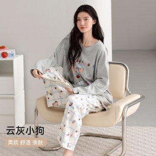 88VIP：都市丽人 睡衣女士纯棉春夏季卡通带胸垫长袖宽松家居服可外穿套装