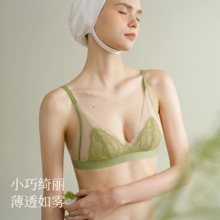 素肌良品 蕾丝内衣薄款文胸无钢圈性感三角杯法式 M码轻纱绿