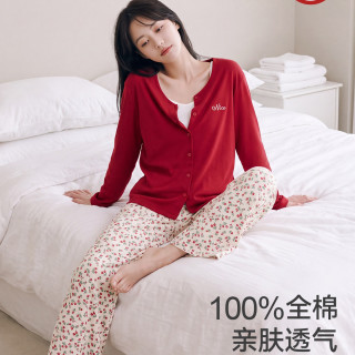 三枪 纯棉睡衣女士柔软印花甜美宽松秋冬新品开襟可外穿家居服套装