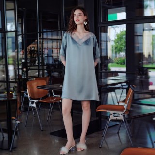 美标 19姆米重磅真丝短袖睡裙女春夏100%桑蚕丝睡衣蕾丝凉感家居服