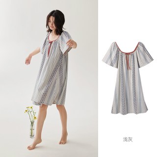 安之伴 睡衣女夏天纯棉薄款短袖时尚复古圆领睡裙宽松