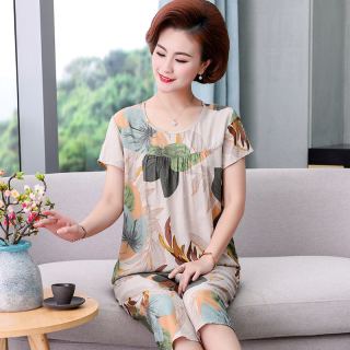 暖扬扬 妈妈棉绸睡衣女2024年新款中老年人大码短袖夏季家居服套装可外穿