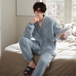 马克公主 男生睡衣冬季加绒加厚日系可爱家居服珊瑚绒大码开衫套装
