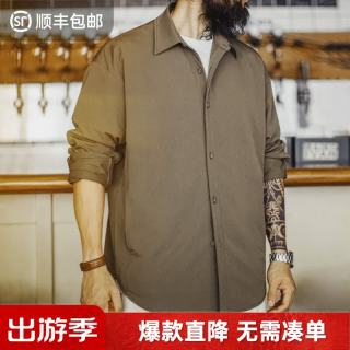 马登 工装美式复古猎装衬衫外套肘部拼接翻领正肩长袖薄款衬衣男春上衣 橄榄绿  L