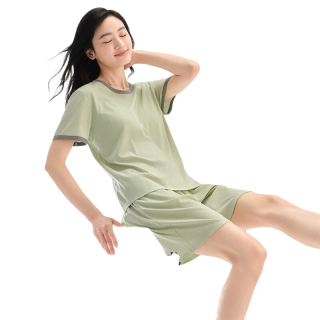 松山棉店 小薄荷罗纹男女士短袖短裤套装
