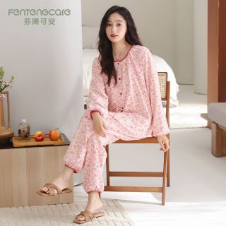 芬腾 可安睡衣女款春秋季纯棉甜美长袖休闲大码2025新款宽松家居服