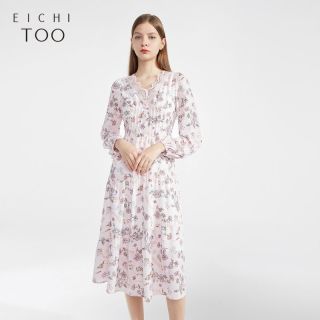 百亿补贴：爱居兔 女春季甜美满印V领收腰淑女连衣裙