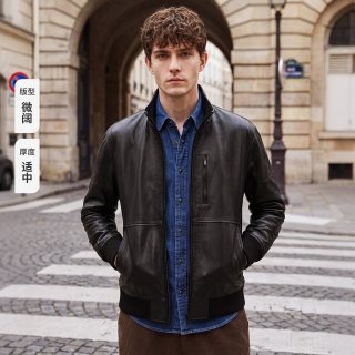 navigare 小帆船黑色老钱风立领真皮皮衣男牛皮革外套