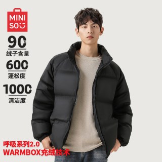 移动端：名创优品 短款羽绒服男冬季加厚棉袄大学生面包服外套黑色棉衣服Y