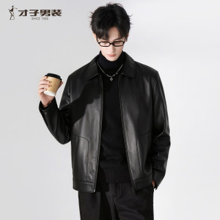 才子 男士翻领头层绵羊皮 夹克时尚轻奢修身百搭真皮外套 黑色