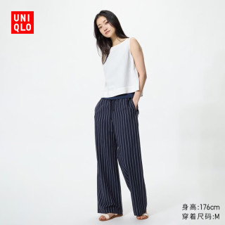 优衣库 麻混纺舒适长裤/加长款女装条纹休闲裤裤子483905 69 藏青色 3XL
