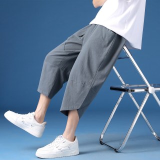 月伊纺 夏季新款男宽松直筒七分裤青年100%纯棉薄款休闲裤学生棉麻运动裤