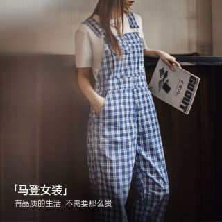 马登 原创设计格子背带裤女宽松显瘦减龄休闲高腰学生阔腿短裤子 蓝白 S 95-120斤